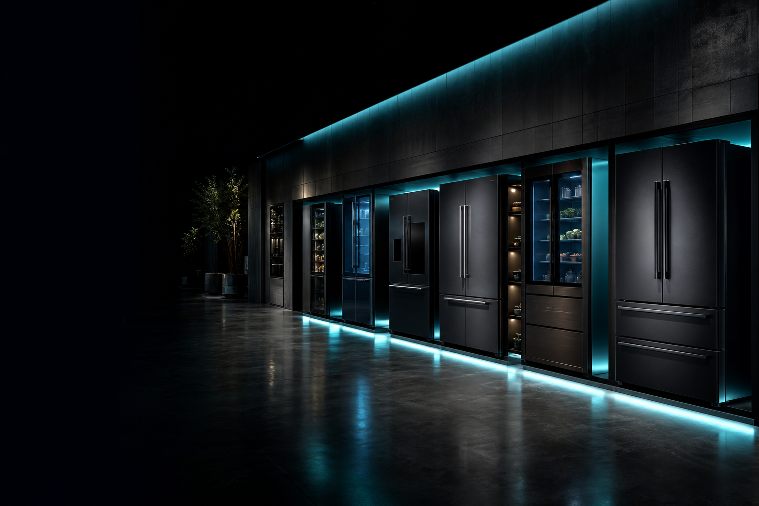 Multiple premium refrigerators displayed in a dark high-end showroom with teal accent lighting