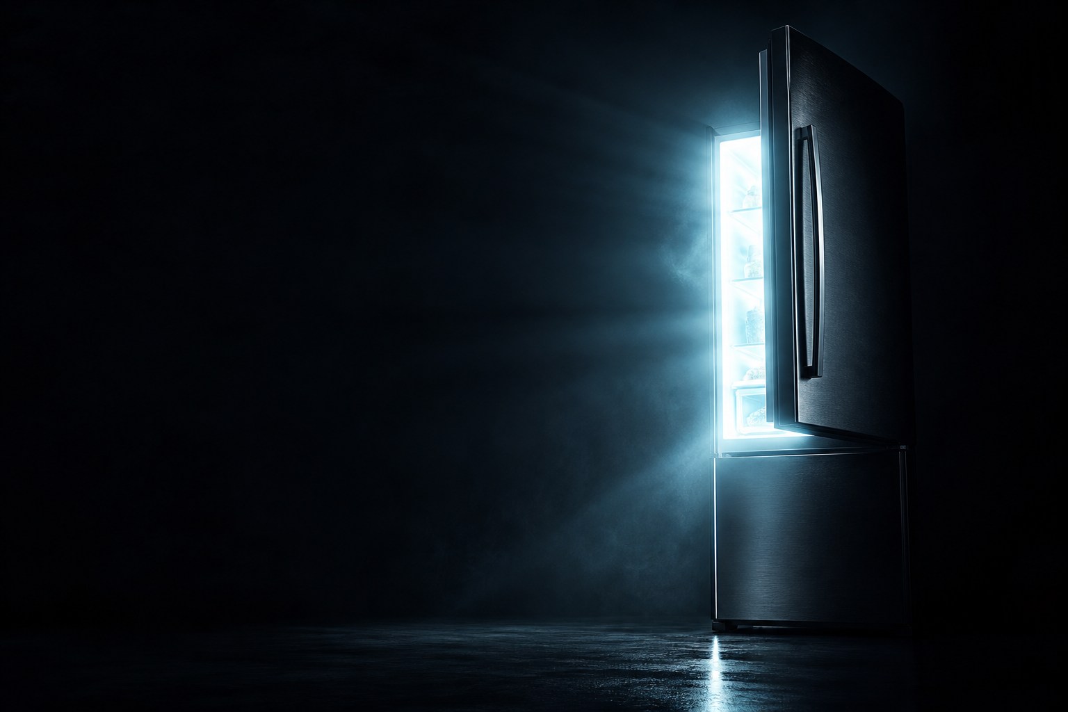 A premium refrigerator door opening in the dark with light spilling out — opening the door to a new world