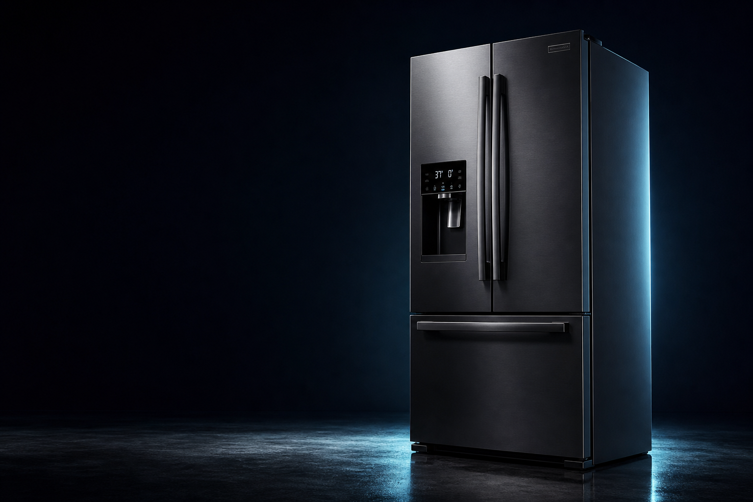 Premium French-door refrigerator with matte graphite finish in a dark studio