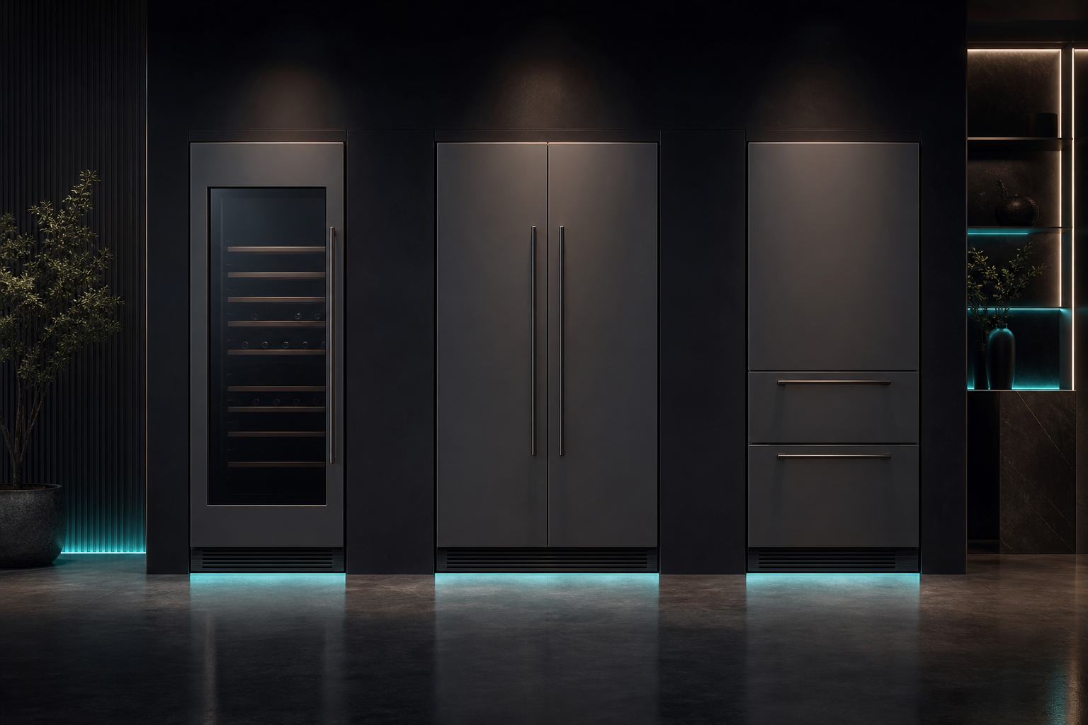 Lineup of premium built-in refrigerators in a dark high-end showroom